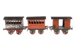2 Bing Personen- und 1 Packwagen, Spur 1, uralt, HL, meist ÜL, LS, L 13,5, Z 3
