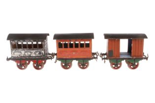 2 Bing Personen- und 1 Packwagen, Spur 1, uralt, HL, meist ÜL, LS, L 13,5, Z 3