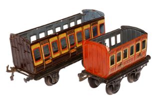 2 Bing engl. Spur 1 Wagen, CL, ohne Dächer, L 21 und 14,5, als Ersatzteile