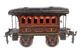 Märklin Durchgangswagen, Spur 1, uralt, rotbraun, HL, mit 2 Sitzbänken und 2 AT, LS und gealterter