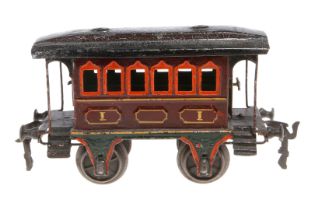 Märklin Durchgangswagen, Spur 1, uralt, rotbraun, HL, mit 2 Sitzbänken und 2 AT, LS und gealterter