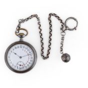 OROLOGIO DA TASCA 24 ORE IN ACCIAIO BRUNITO CON CATENA IN ARGENTO, SVIZZERA 1910 CIRCA