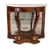 CONSOLE A DEMILUNE IN LEGNO E PIUMA DI MOGANO, XIX SECOLO