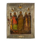 ICONA RUSSA RAFFIGURANTE SANTI, CON RIZA IN METALLO, XIX SECOLO