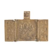 ICONA RUSSA A TRITTICO IN METALLO RAFFIGURANTE SAN NICOLA E SANTI, XIX SECOLO