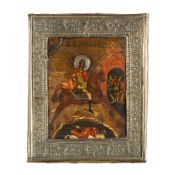 ICONA RUSSA RAFFIGURANTE SAN DEMETRIO, CON RIZA IN METALLO, XIX SECOLO