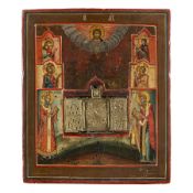 ICONA RUSSA RAFFIGURANTE SANTI CON TRITTICO IN METALLO, XIX SECOLO