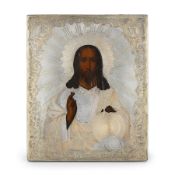 ICONA RUSSA RAFFIGURANTE CRISTO CON RIZA IN ARGENTO PARZIALMENTE DORATO, MOSCA, 1860, ORAFO V.