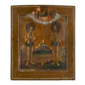 ICONA RUSSA RAFFIGUARANTE I SANTI PAZZI PER CRISTO PIETRO ED ONOFRIO, XIX SECOLO