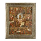 ICONA RUSSA RAFFIGURANTE SAN NICOLA CON SCENE DELLA SUA VITA E BASMA IN METALLO, XVIII-XIX SECOLO