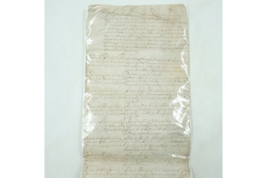 Early document on parchment possibly a will written in latin, 55 x 19 ...