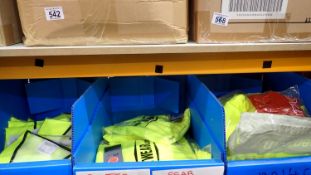 Three boxes of Hi-Viz waist coats, t-shirts and over trousers, mixed sizes. Not available for in-