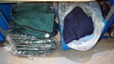 Green padded zip jackets, size M X10 and a box of mixed long sleeve polo shirts, size XXXXL. Not