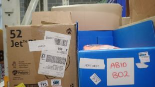 Two boxes of MSA safety helmets, mixed colours, and a box of navy coveralls size 48. Not available