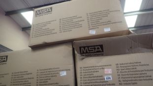 Three boxes of MSA safety helmets, mixed colours. Not available for in-house P&P. THIS LOT MUST BE