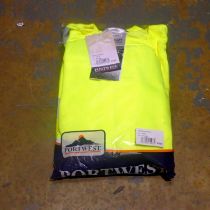 Portwest yellow sweatshirts, size 2XL x5 and Portwest ladies Action trousers, size L x10. Not