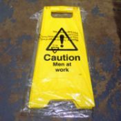 Box of five yellow folding 'Men at work' signs, H: 65 cm. Not available for in-house P&P. THIS LOT