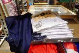 Fusion white chef jackets x10 and Fusion blue aprons x10. THIS LOT MUST BE COLLECTED BY FRIDAY
