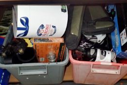 Two boxes of mixed items to include binoculars and rifle bag. Not available for in-house P&P