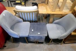 Pair of grey velvet dining chairs and matching storage stool. Not available for in-house P&P