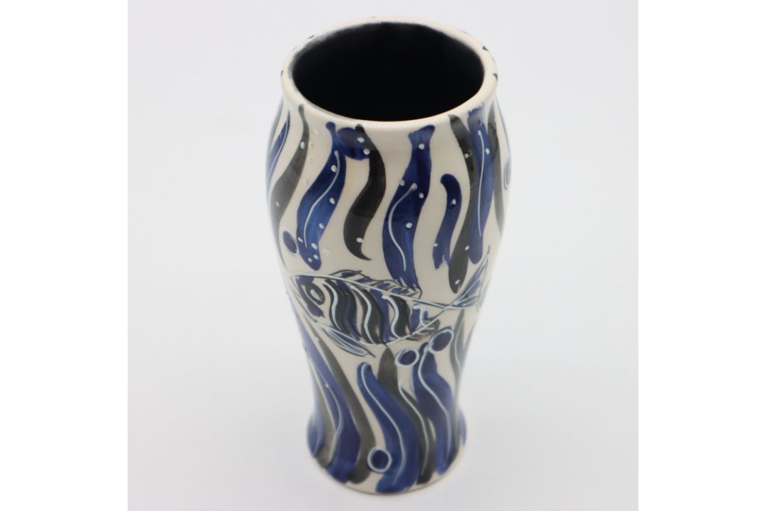 Anita Harris white ground vase in the blue and black colourway Fish pattern, signed in gold to base, - Image 2 of 4