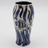 Anita Harris white ground vase in the blue and black colourway Fish pattern, signed in gold to base,