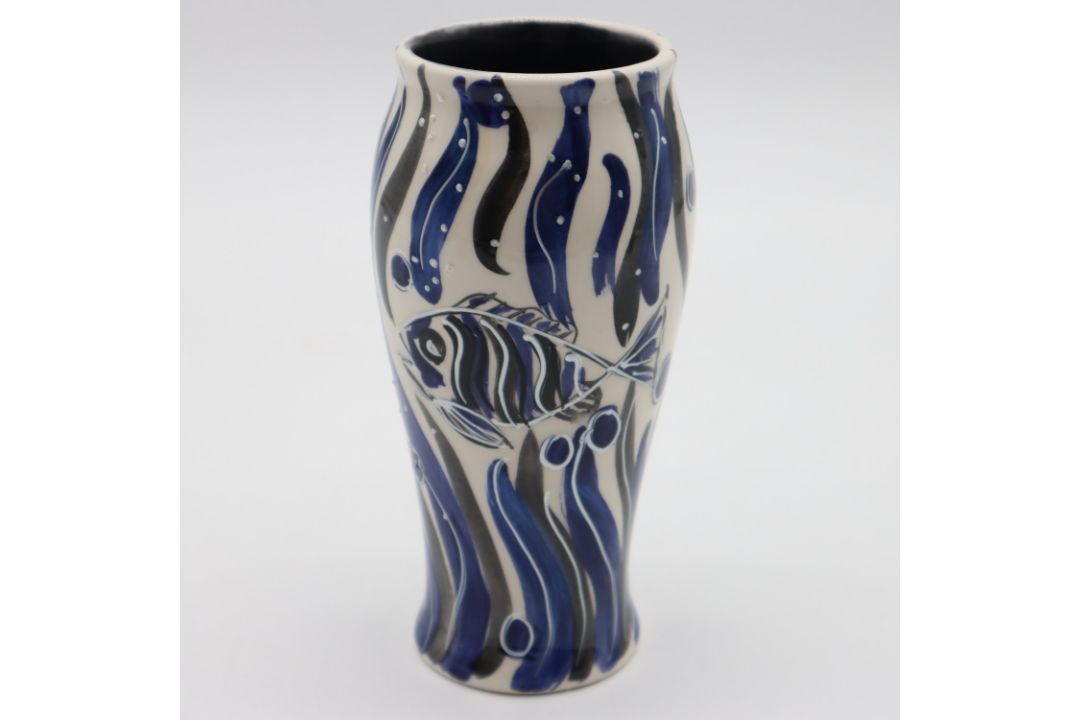 Anita Harris white ground vase in the blue and black colourway Fish pattern, signed in gold to base, - Image 1 of 4