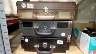 Three briefcase record players. Not available for in-house P&P