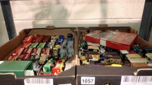 Two boxes of diecast model vintage cars and buses including Matchbox and Lledo. Not available for
