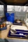 Mixed silver plated and metal collectables including two decanter stands in boxes. Not available for