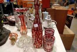 Two glass decanters ( stoppers at fault ) two Royal Scot crystal tumblers and other glass. Not