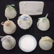 Five Lladro Christmas bells, a 1990 bauble, a collectors club plaque and pin tray, largest H: 11 cm.