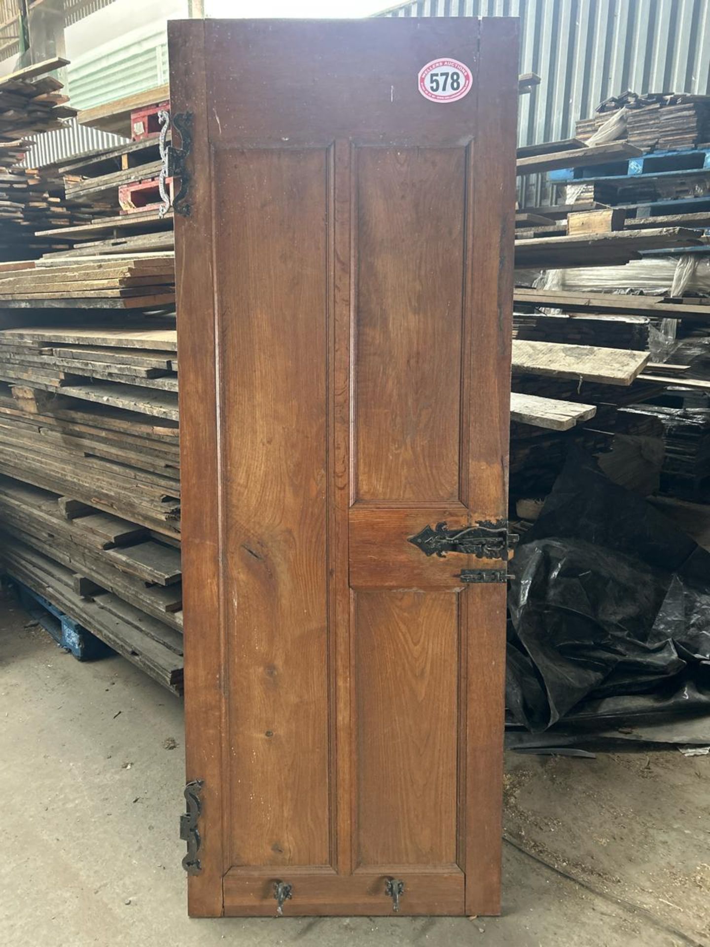 Three panel Oak door with associated latches, 69cm w x 190cm h
