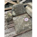 Three reclaimed stone pieces inc. sandstone pier cap that measures 65cm w x 53cm l x 28cm h