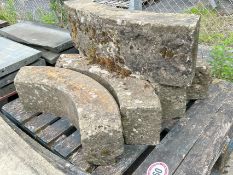 Five curved sandstone coping sections, 30cm w x 92cm l x 14cm h