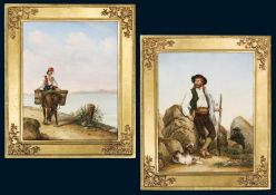 Italienischer Genremaler Mitte 19. Jahrhundert: Paar Genreszenen "Der Brigant", "Der Fischhändler".