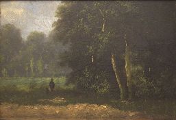 Bild Öl auf Holz, rechts unten Ritzsignatur. M. Donat. Hier Merchie Donat (1833-1886). Jäger am