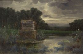 Ölbild, Öl auf Holz. Steinsockel am Teich, links unten signiert C.Ryvola 40x26 cm