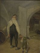 Öl auf Leinen aufgezogen (auf Pappkarton, wohl 19. JH Sohn holt Vater aus Kneipe. 27x 35 cm.