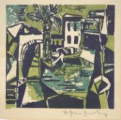 Farbholzschnitt von Wilhelm Zimolong (1922-1979). Darstellung eines Küstenortes. Signiert. 25x24,5