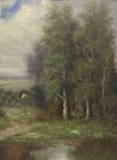 Bild Öl auf Leinwand Darstellung eines Waldrandes . Unsigniert. Wohl 19. JH. Restauriert. 41x56 cm