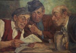 Ölbild auf Holz von Hermann Prediger (1886-1970). Maße 54 x 74 cm. Drei aHerren am Wirtshaustisch