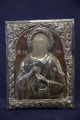 Griechische Ikone mit Silberoklat wohl 19. JH 17x22 cm