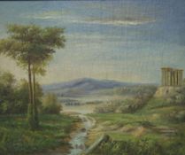 Ölbild auf Holz aufgezogen? Darstellung antiker Gebäude unsigniert. Wohl 19. JH. 51x60,5 cm