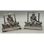 A rare pair of heavy silver regimental menu holders.