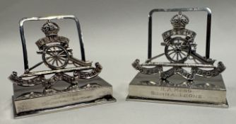 A rare pair of heavy silver regimental menu holders.
