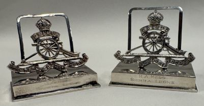 A rare pair of heavy silver regimental menu holders.