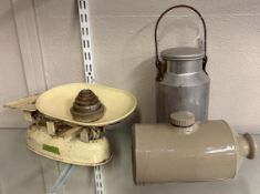 A small vintage aluminium milk churn, Harper balance scale and weight and stoneware bed warmer.