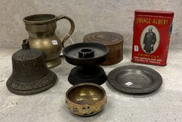 A Victorian brass half pint measuring tankard etc.