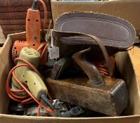 A box containing various old tools, door furniture etc.
